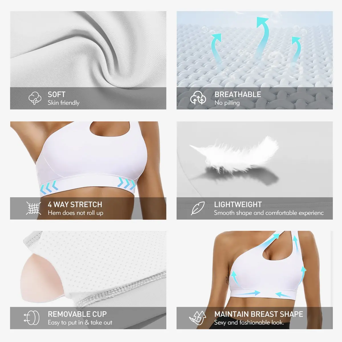 Sykooria Womens One Shoulder Sports Bra Medium Support White | Breathable & Soft Fabric - view 5