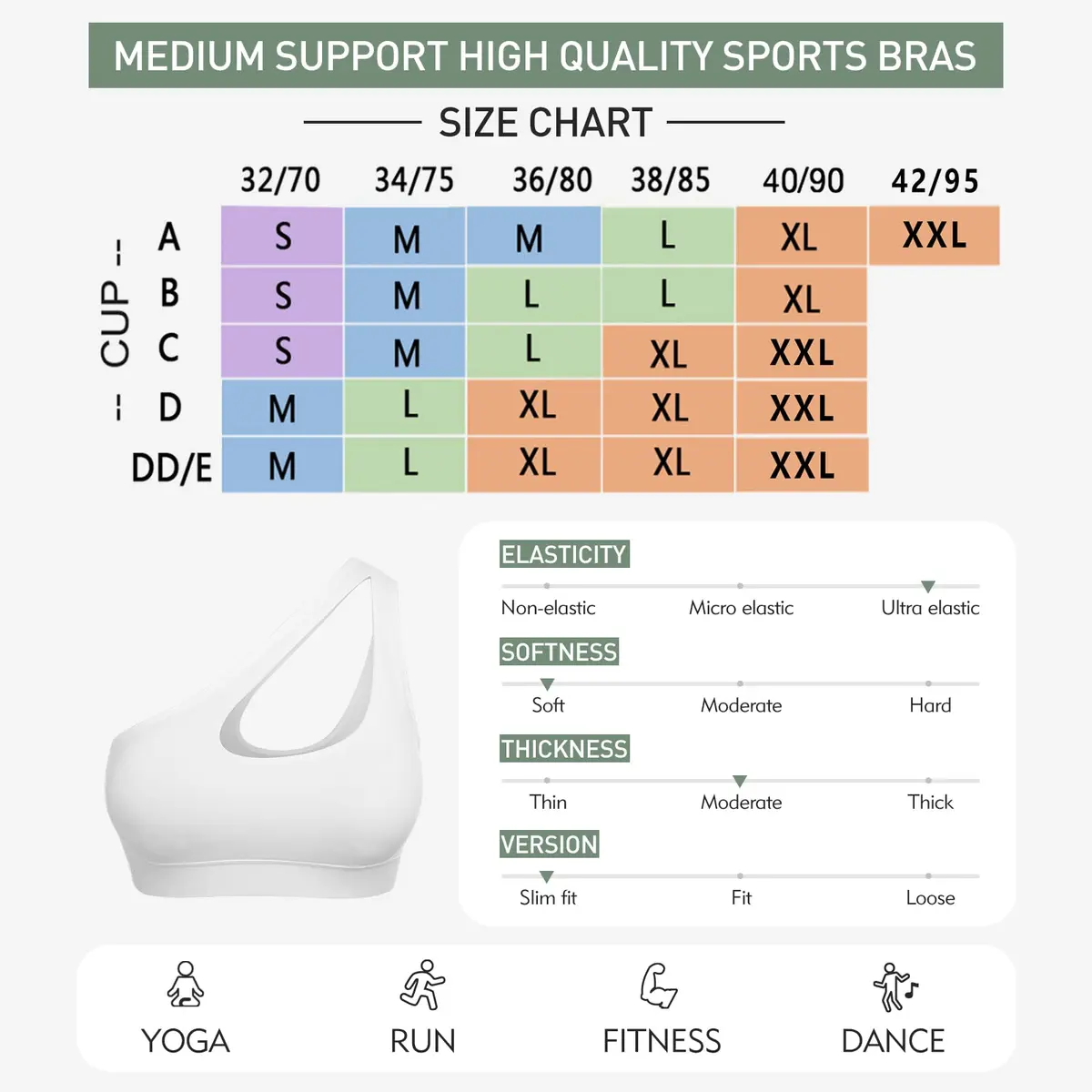 Sykooria Womens One Shoulder Sports Bra Medium Support White | Breathable & Soft Fabric - view 6