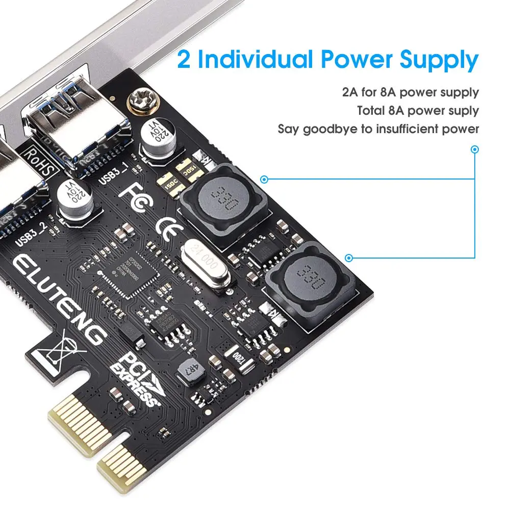 ELUTENG 2Port PCIE USB 3.2 GEN1 Expansion Card 5Gbps with Heatsink | Dual USB-C Ports, PCIe X4/X8/X16 Compatible - view 2