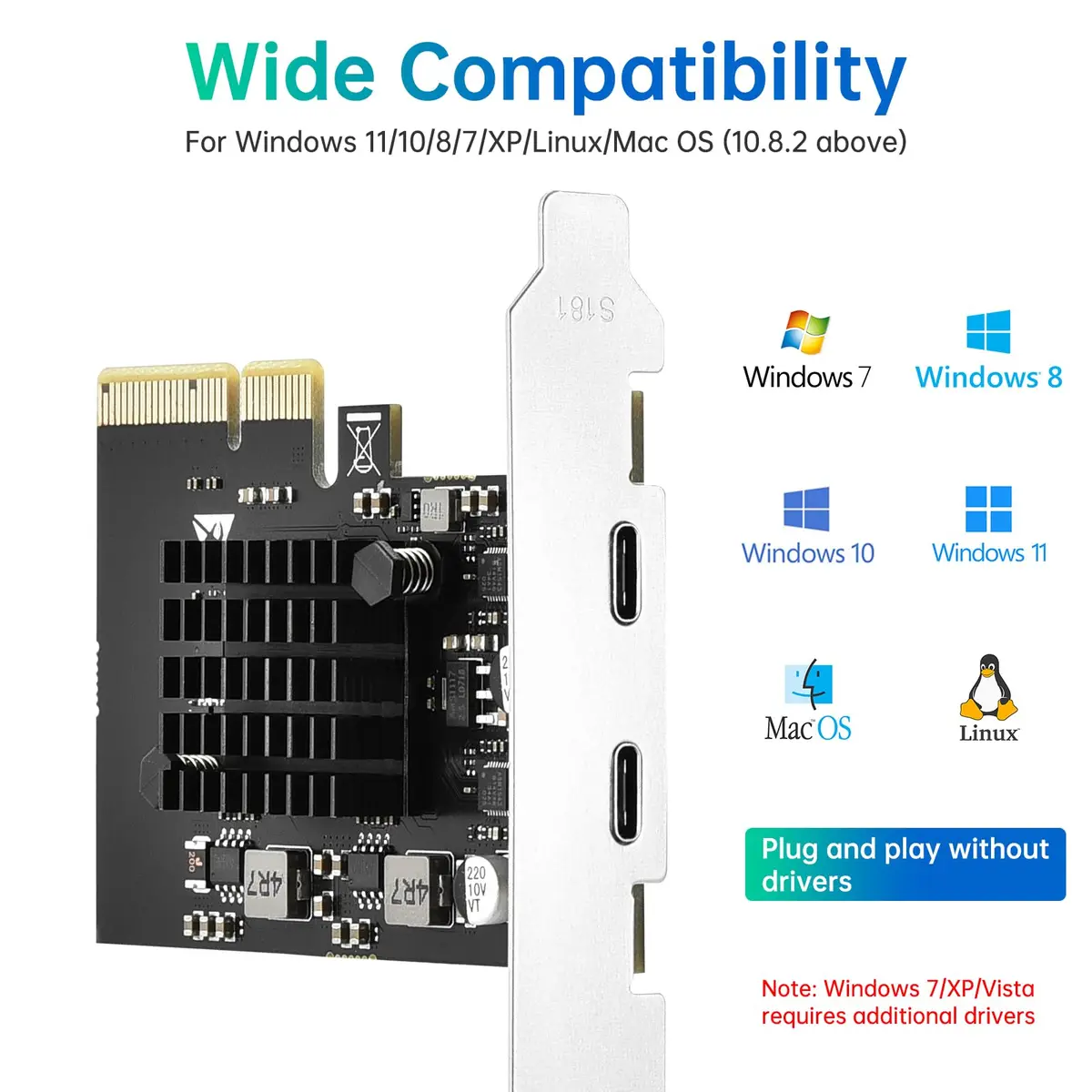 ELUTENG 2Port PCIE USB 3.2 GEN1 Expansion Card 5Gbps with Heatsink | Dual USB-C Ports, PCIe X4/X8/X16 Compatible - view 4