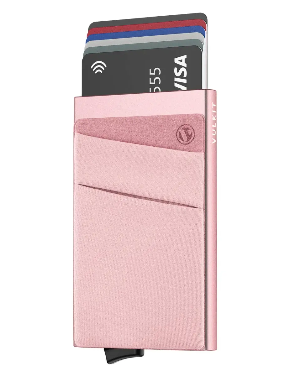 VULKIT Rose Gold Pop Up Card Holder Wallet with Money Pocket | RFID Blocking Slim Metal Bank Card Case - main product image