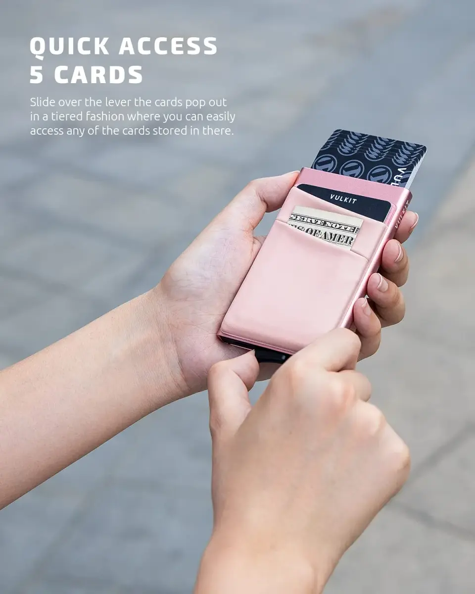 VULKIT Rose Gold Pop Up Card Holder Wallet with Money Pocket | RFID Blocking Slim Metal Bank Card Case - view 2