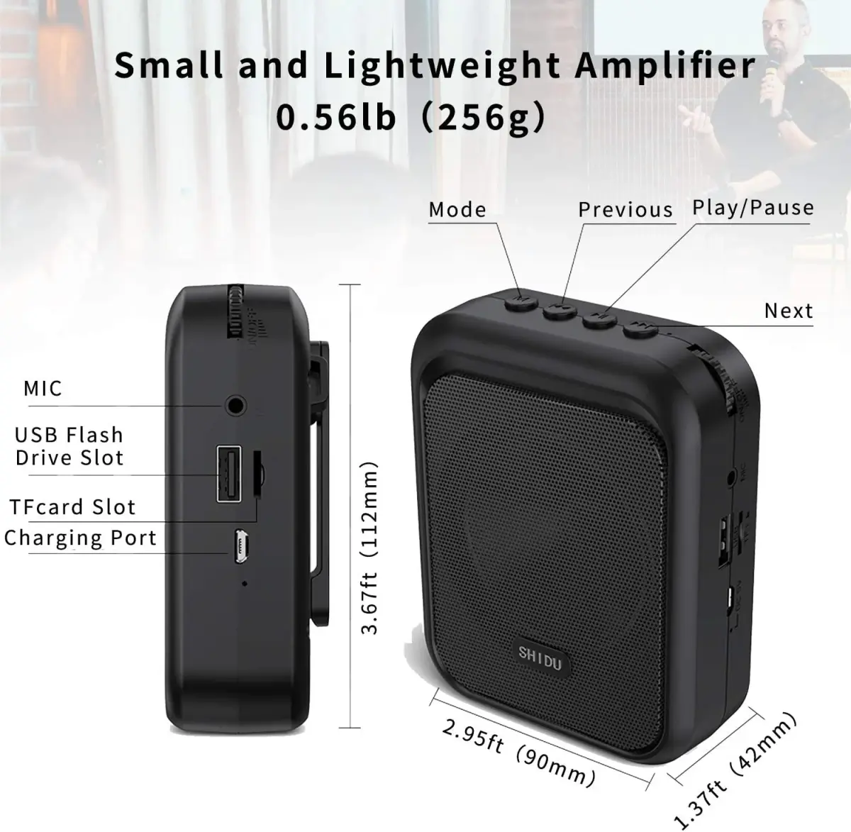 SHIDU M100 Mini Voice Amplifier Portable Rechargeable Bluetooth Speaker with Wired Microphone Headset 10W 1800mAh | 10W Output - view 6