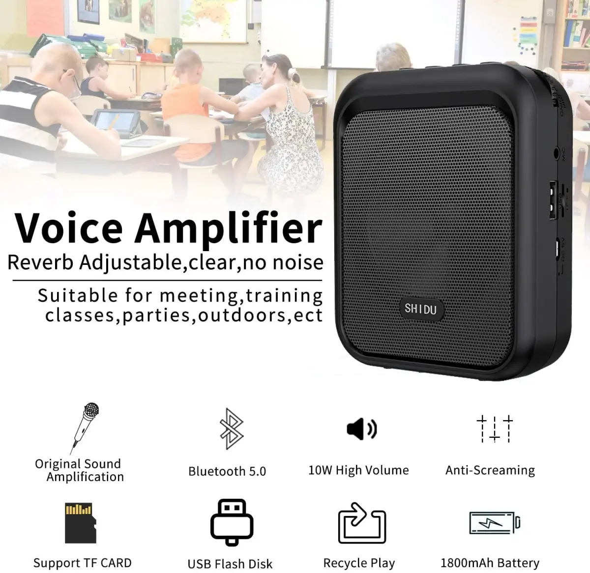 SHIDU M100 Mini Voice Amplifier Portable Rechargeable Bluetooth Speaker with Wired Microphone Headset 10W 1800mAh | 10W Output - view 2
