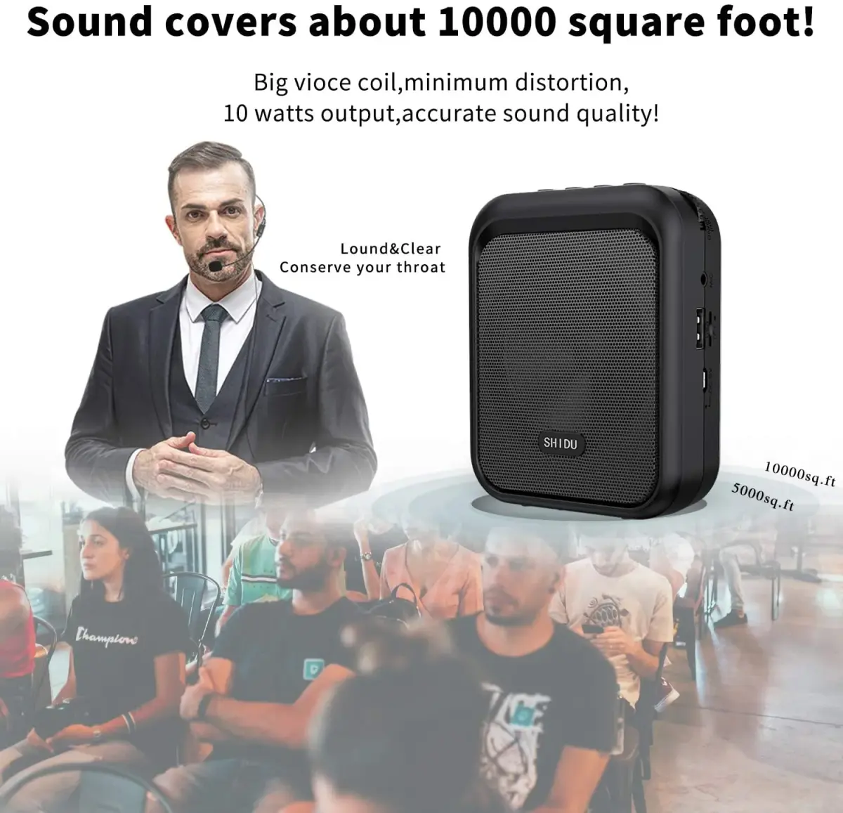 SHIDU M100 Mini Voice Amplifier Portable Rechargeable Bluetooth Speaker with Wired Microphone Headset 10W 1800mAh | 10W Output - view 3