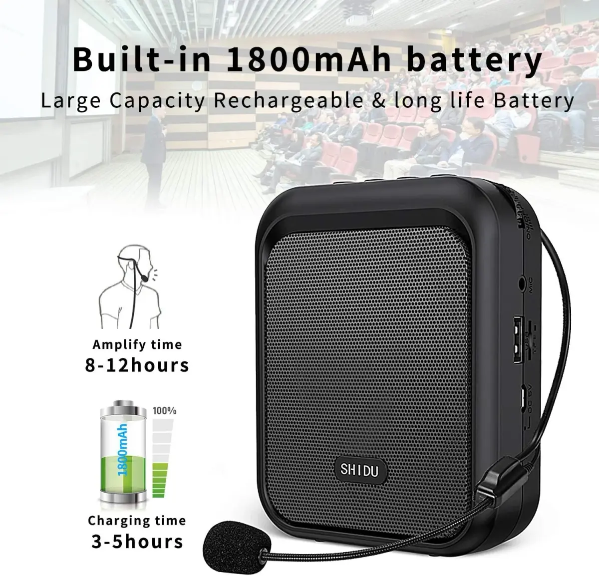 SHIDU M100 Mini Voice Amplifier Portable Rechargeable Bluetooth Speaker with Wired Microphone Headset 10W 1800mAh | 10W Output - view 4