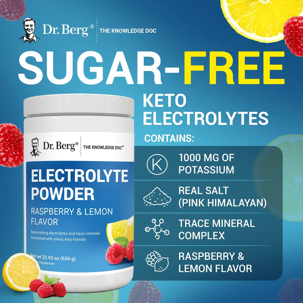Dr. Berg Zero Sugar Hydration Keto Electrolyte Powder 1.46 Pound | Raspberry & Lemon Flavor Support - view 7