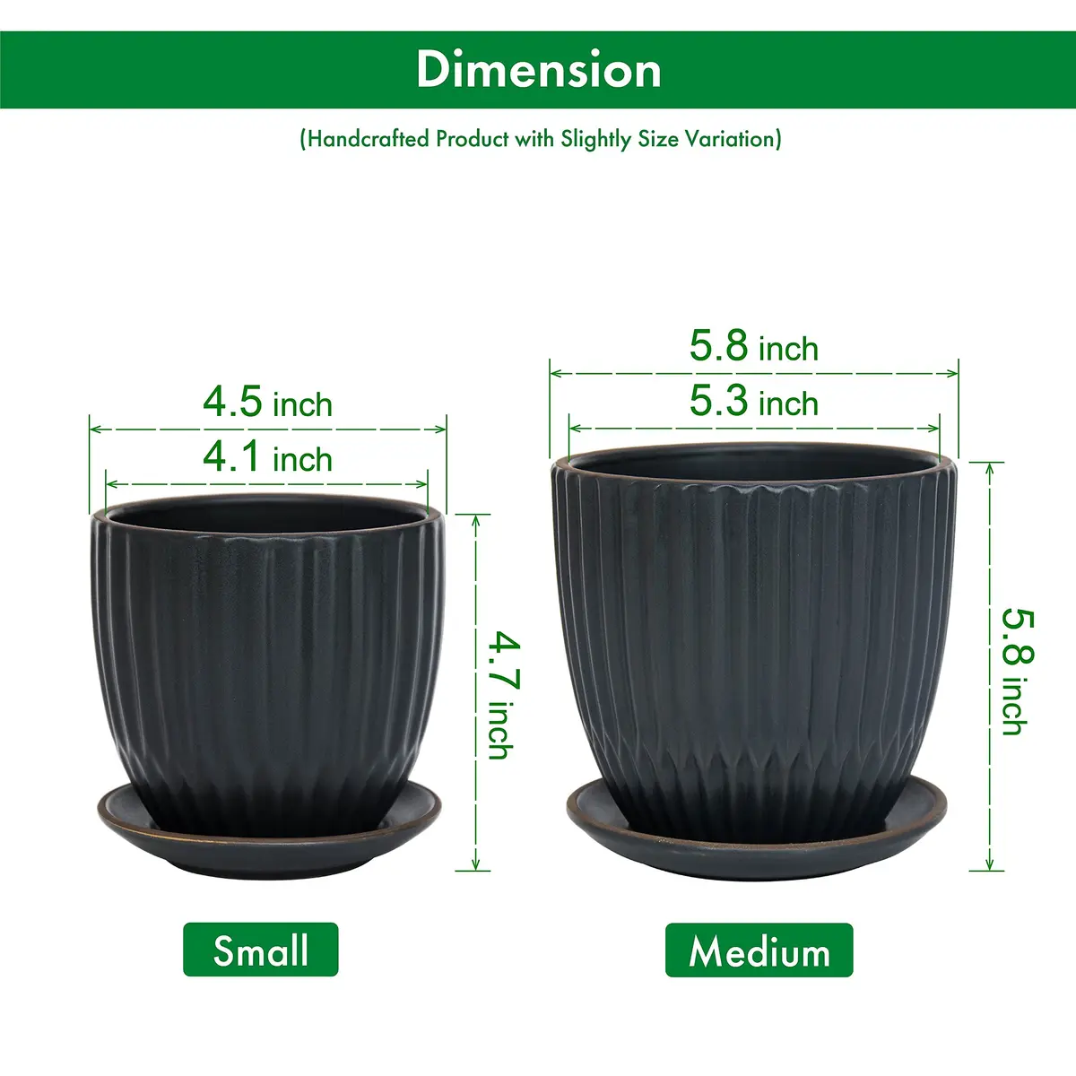 D'vine Dev 2-Pack Stoneware Planter Pots, 4.5/5.8 in, Charcoal Grey | Modern Ribbed Ceramic Indoor Planters - view 3