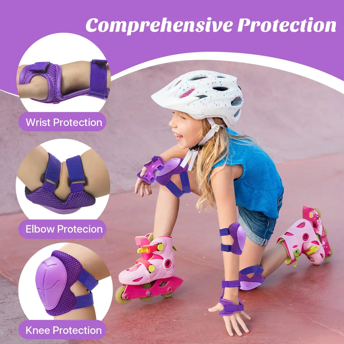 CKE Toddler Knee Pads and Elbow Pads with Wrist Guards for Kids, Purple | 3-Piece Protective Gear Set for Skating & Cycling - view 5