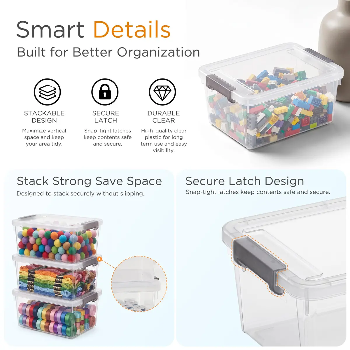 Citylife 10Packs 1.3Qt Small Storage Bins with Lids | Stackable, Clear, Polypropylene - view 3