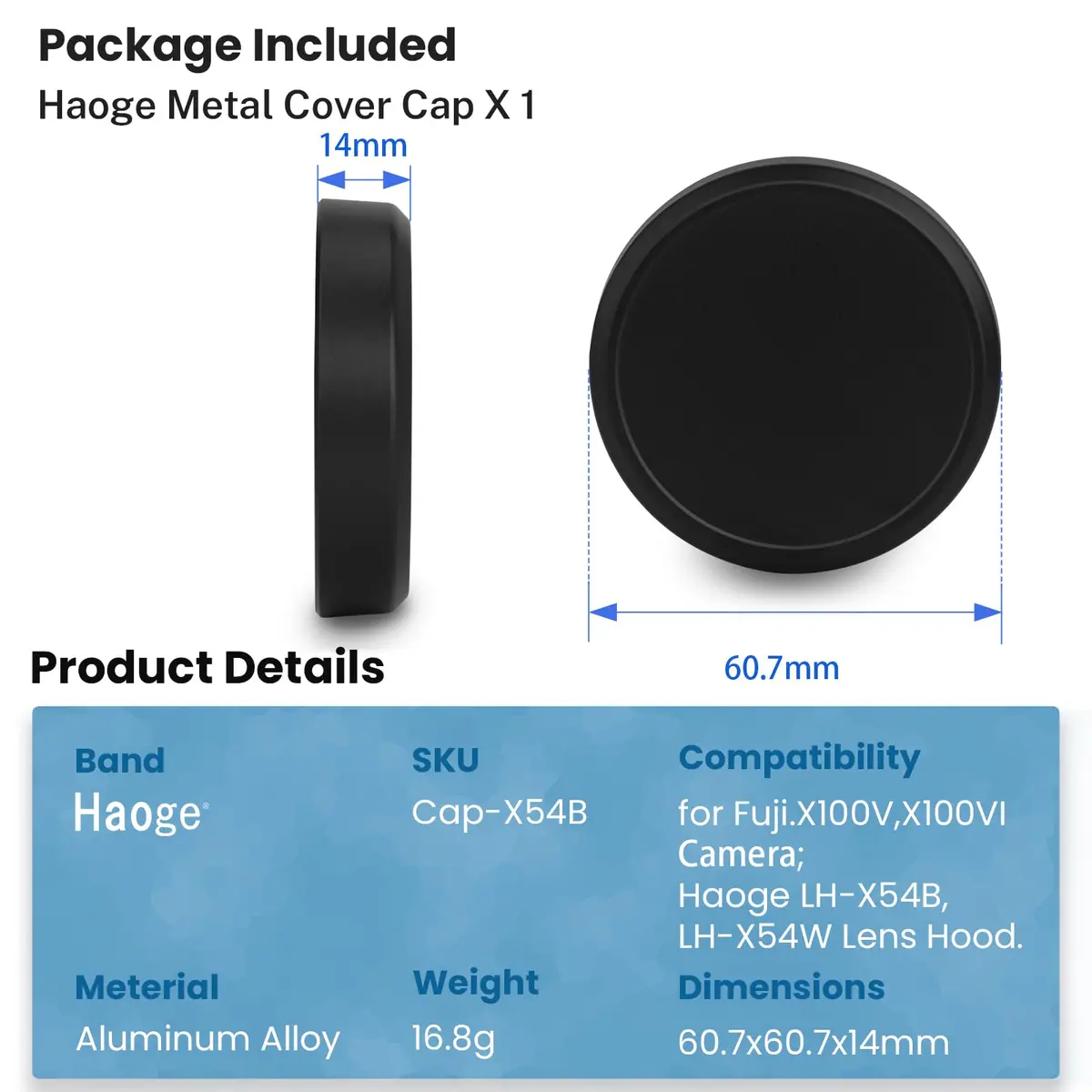 Haoge Metal Lens Cap for Fujifilm X100V | Aluminum, Black, 54mm | Compatible with Haoge LH-X54B Lens Hood - view 6