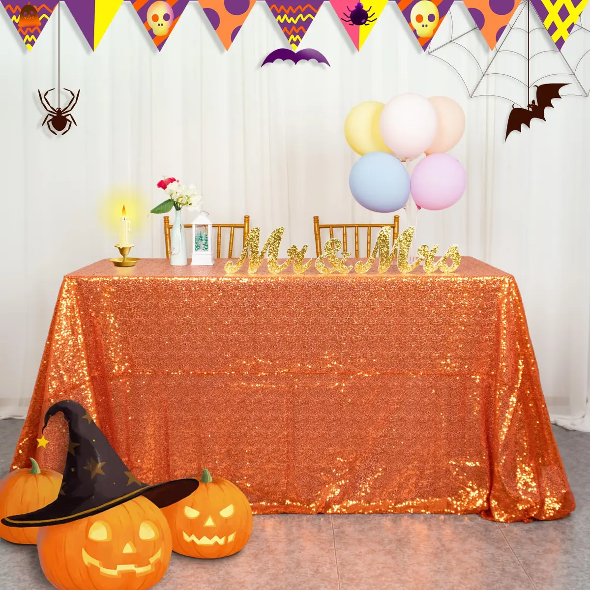 ShinyBeauty 48x72Inch Sequin Tablecloth Rectangle-Orange Glitter Wedding Party Decor - view 3
