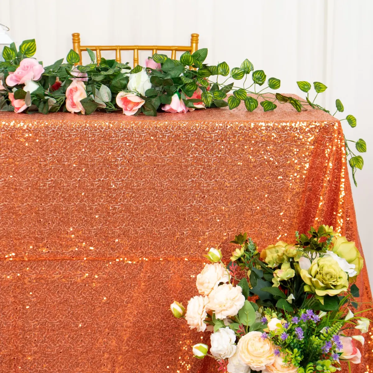 ShinyBeauty 48x72Inch Sequin Tablecloth Rectangle-Orange Glitter Wedding Party Decor - view 4