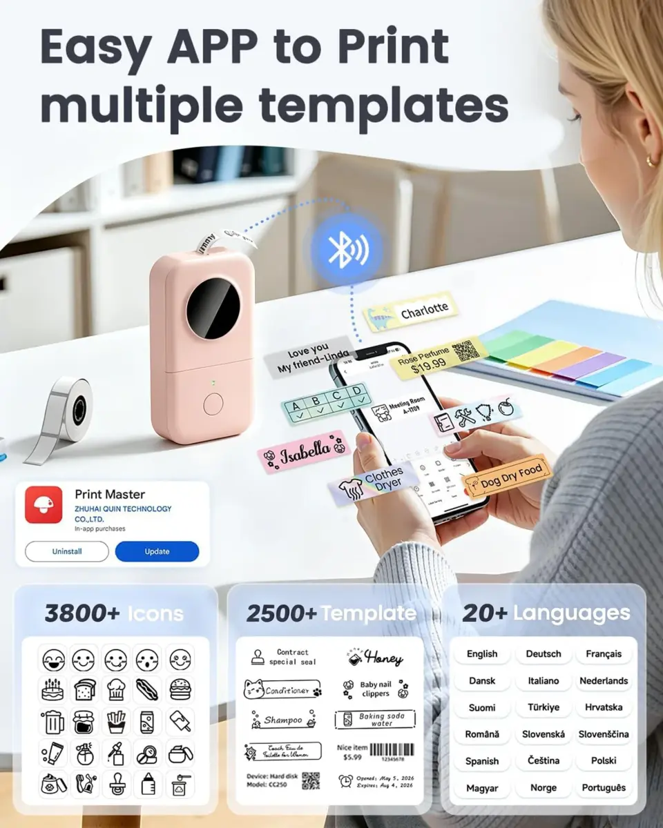Phomemo D30 Portable Label Maker Pink | Bluetooth Mini Printer for Home School Office - view 6