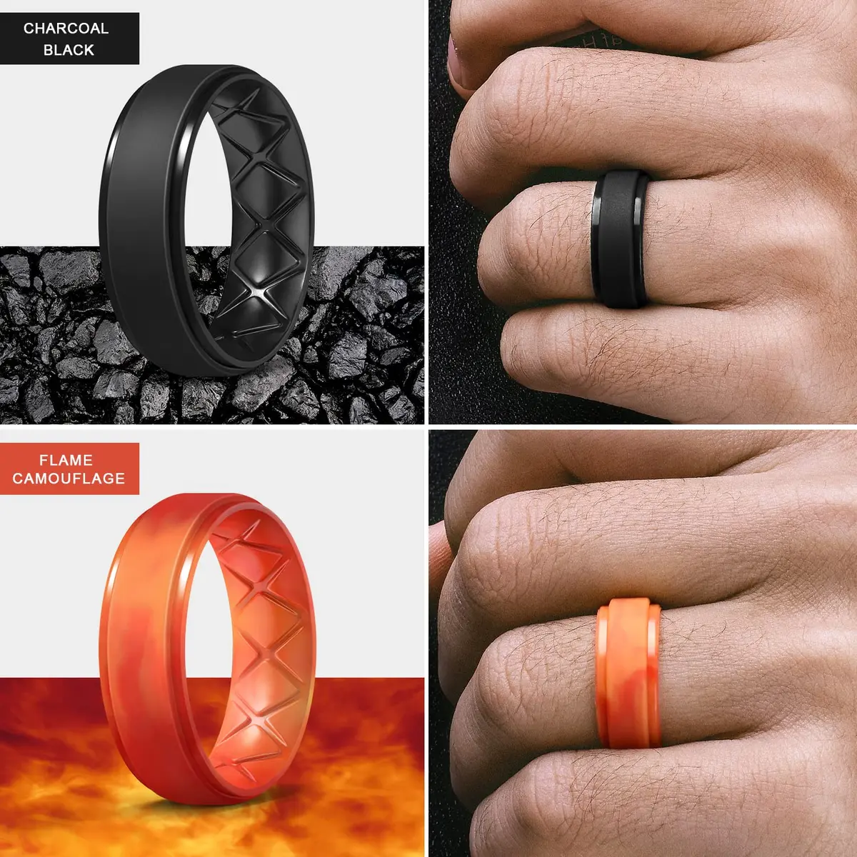 Egnaro Men's Silicone Wedding Rings Multipack | 8.5mm Wide, 2mm Thick, Set of 7 - view 3