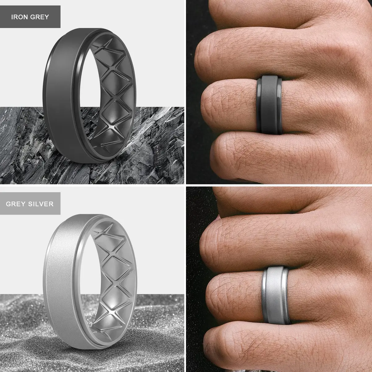 Egnaro Men's Silicone Wedding Rings Multipack | 8.5mm Wide, 2mm Thick, Set of 7 - view 4