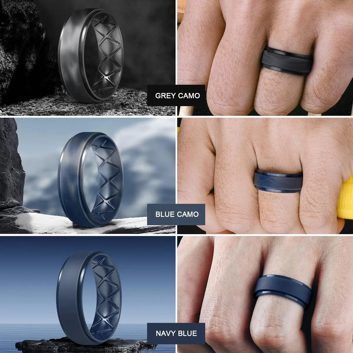 Egnaro Men's Silicone Wedding Rings Multipack | 8.5mm Wide, 2mm Thick, Set of 7 - view 3
