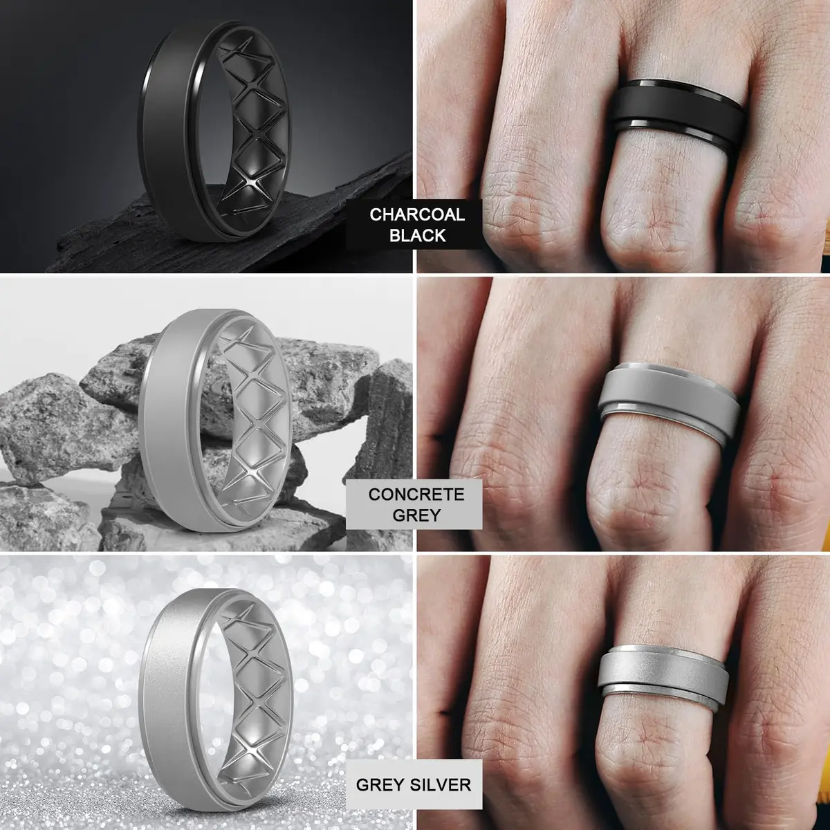Egnaro Men's Silicone Wedding Rings Multipack | 8.5mm Wide, 2mm Thick, Set of 7 - view 4