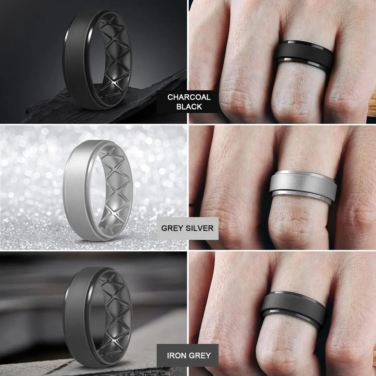 Egnaro Men's Silicone Wedding Band 8.5mm Wide (Size 9.5-10) | Hypoallergenic Breathable Inner Arc - view 4