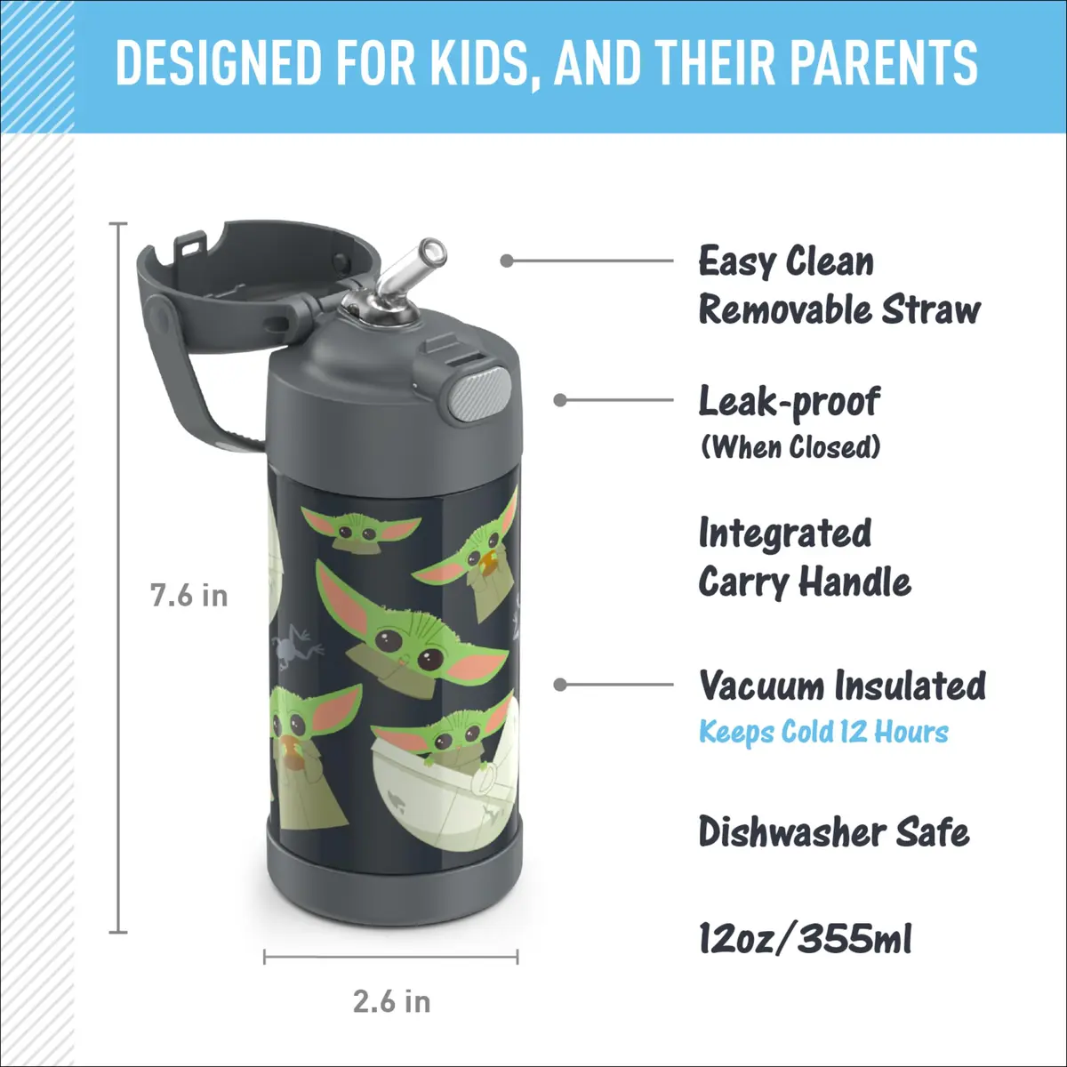 THERMOS FUNTAINER Water Bottle with Straw, 12oz (355ml) Mandalorian | Keeps Drinks Cold Up to 12 Hours - view 3