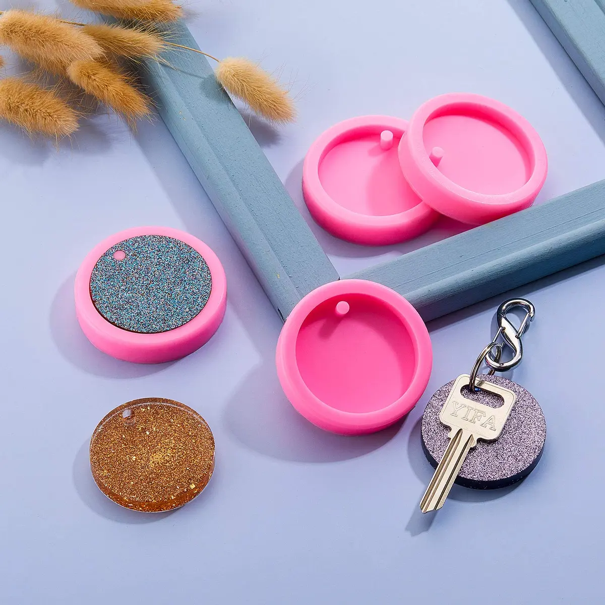 Boao 4 Pcs Round Keychain Molds Silicone Circle Epoxy Molds 5 cm Diameter | DIY Pendant Clay Keychains - view 7