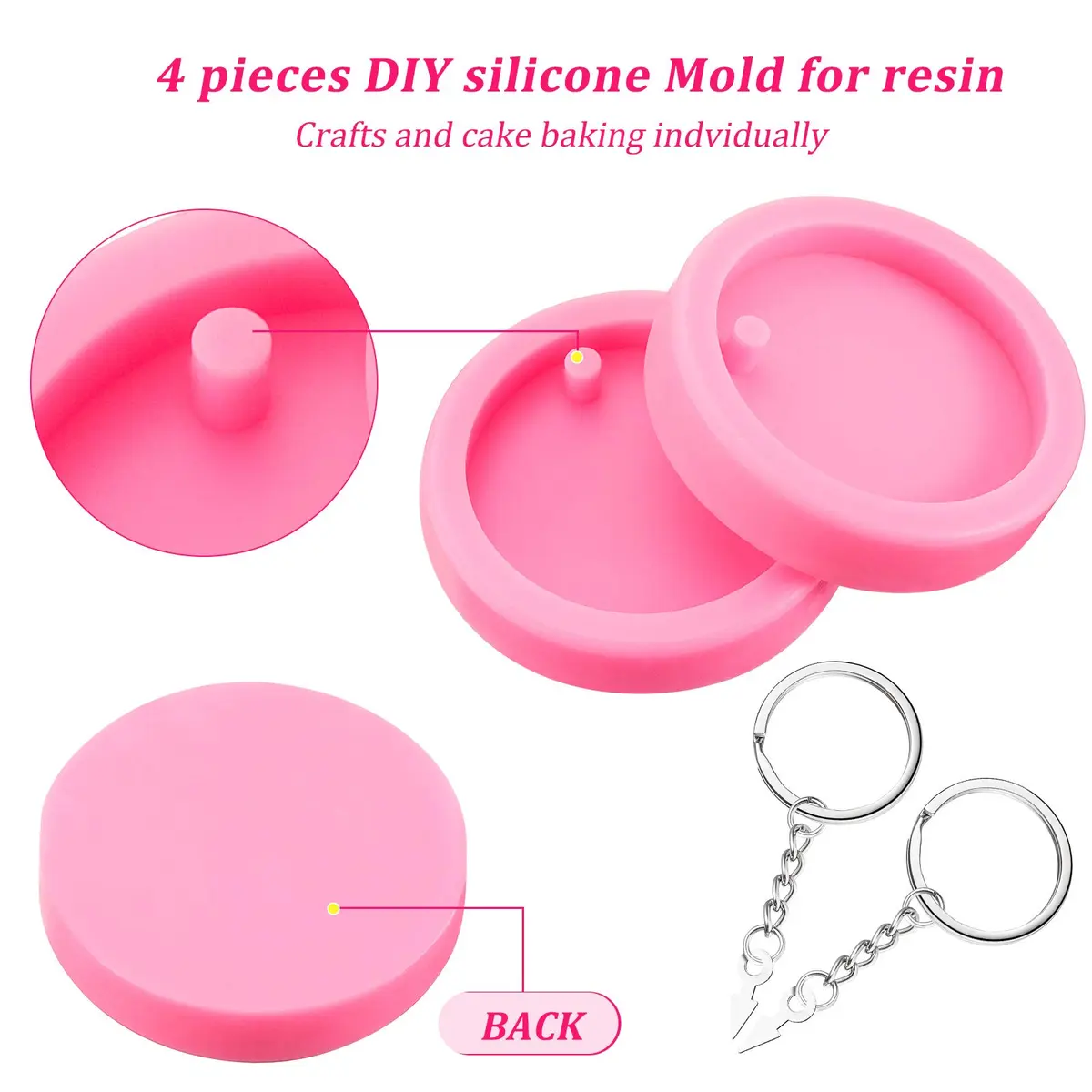 Boao 4 Pcs Round Keychain Molds Silicone Circle Epoxy Molds 5 cm Diameter | DIY Pendant Clay Keychains - view 3