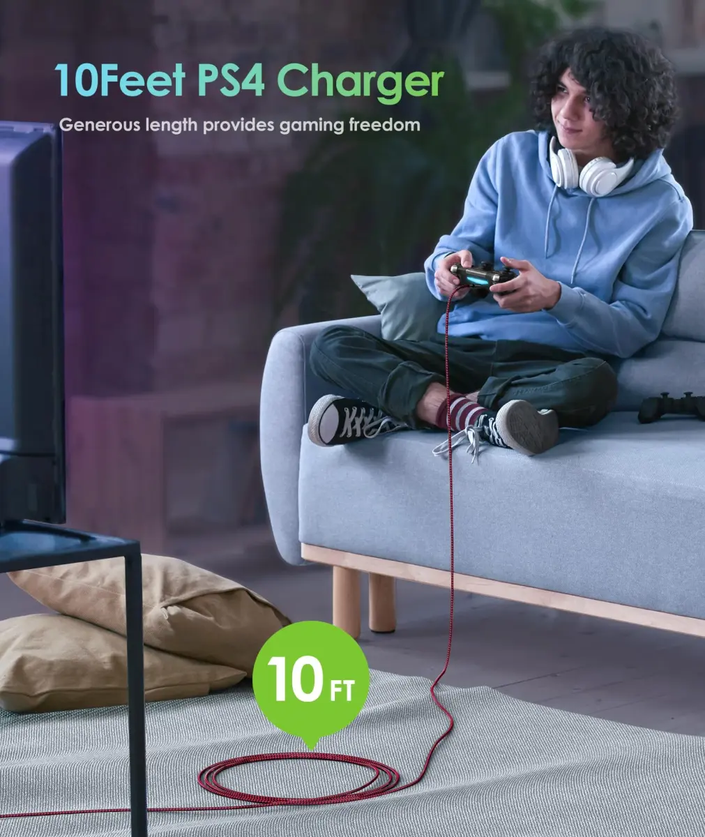6amLifestyle PS4 Controller Charger Cable 2 Pack 10ft | Braided Nylon Micro USB Cord for PlayStation 4, Xbox One, Android Phones - view 2