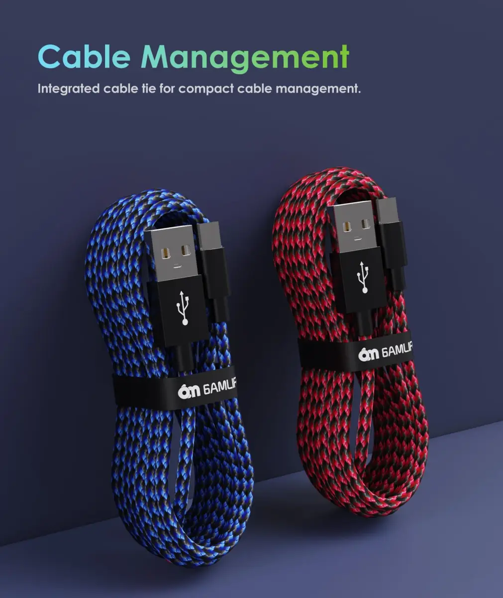 6amLifestyle PS4 Controller Charger Cable 2 Pack 10ft | Braided Nylon Micro USB Cord for PlayStation 4, Xbox One, Android Phones - view 4