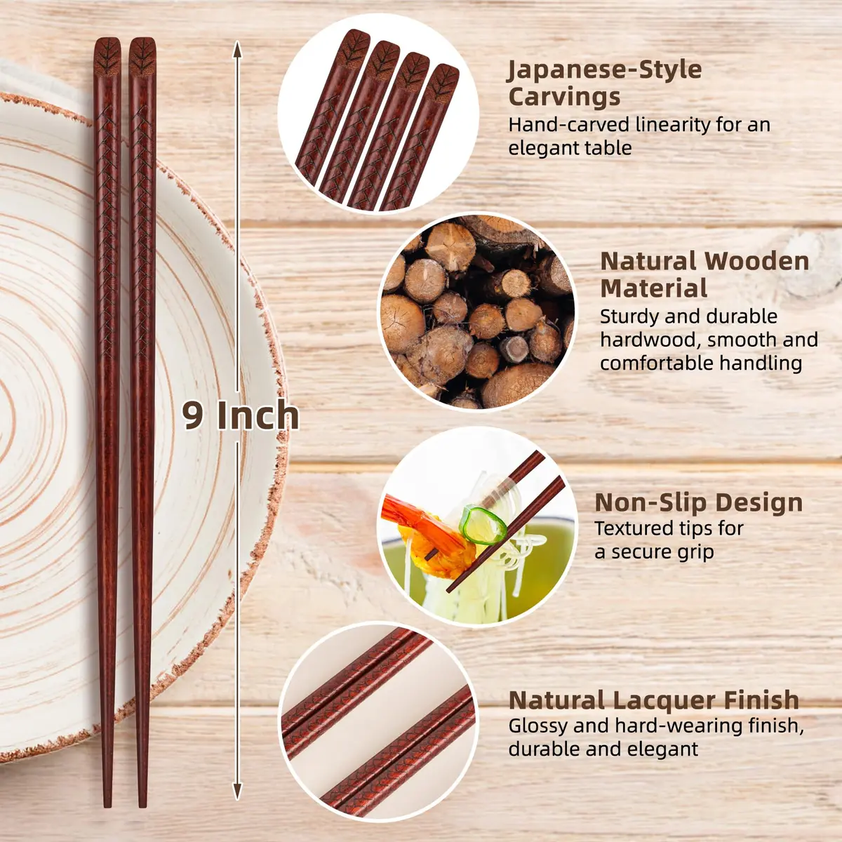 Antner Hardwood Chopsticks Japanese Style 22.8 cm (9 inches) | Natural Wood with Gift Box - view 2