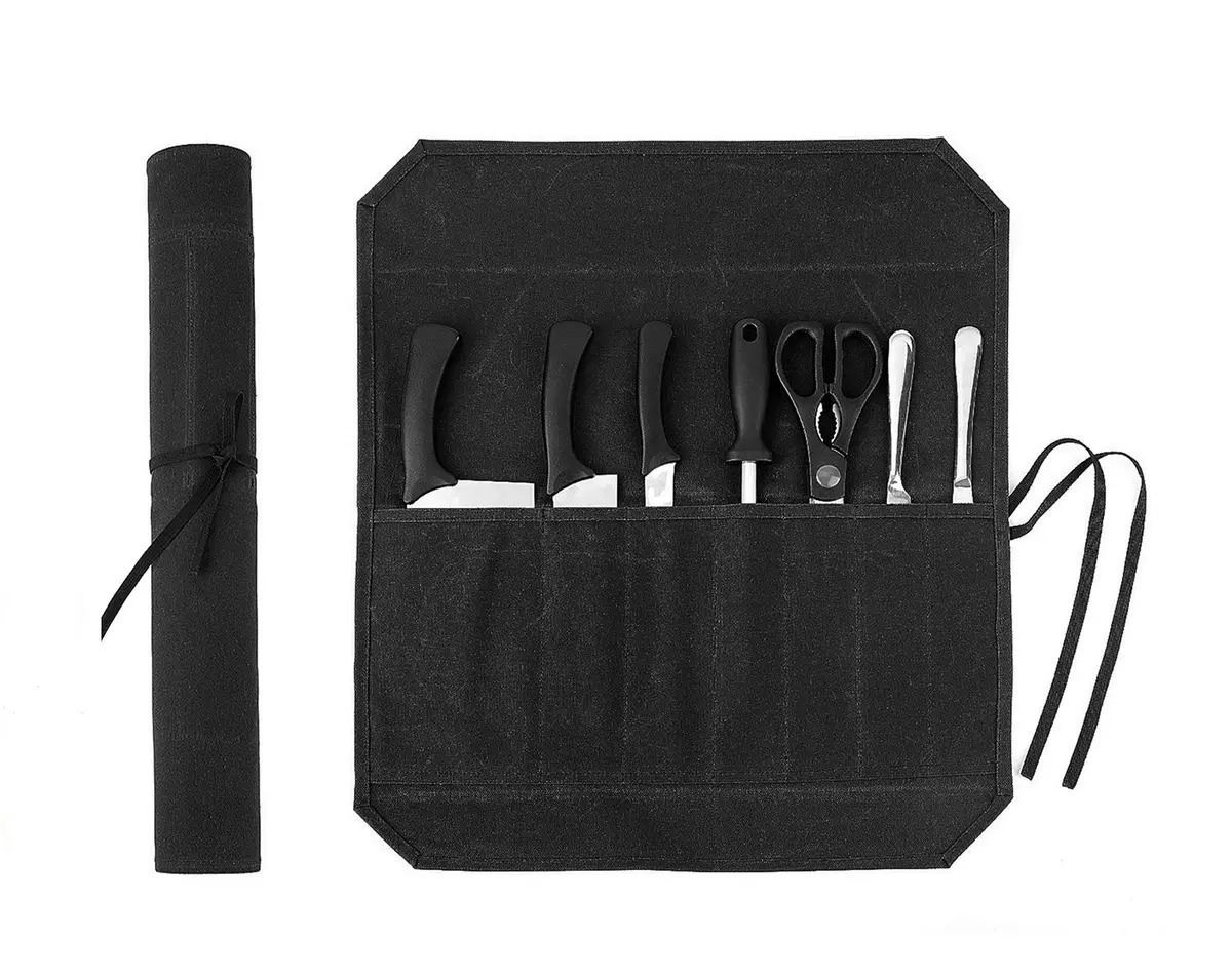 Denifiter Heavy Duty Waxed Canvas Chef Knife Roll Bag with 7 Slots | Holds Knives up to 17" (Black) - main product image