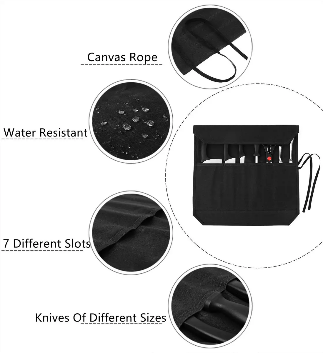 Denifiter Heavy Duty Waxed Canvas Chef Knife Roll Bag with 7 Slots | Holds Knives up to 17" (Black) - view 3