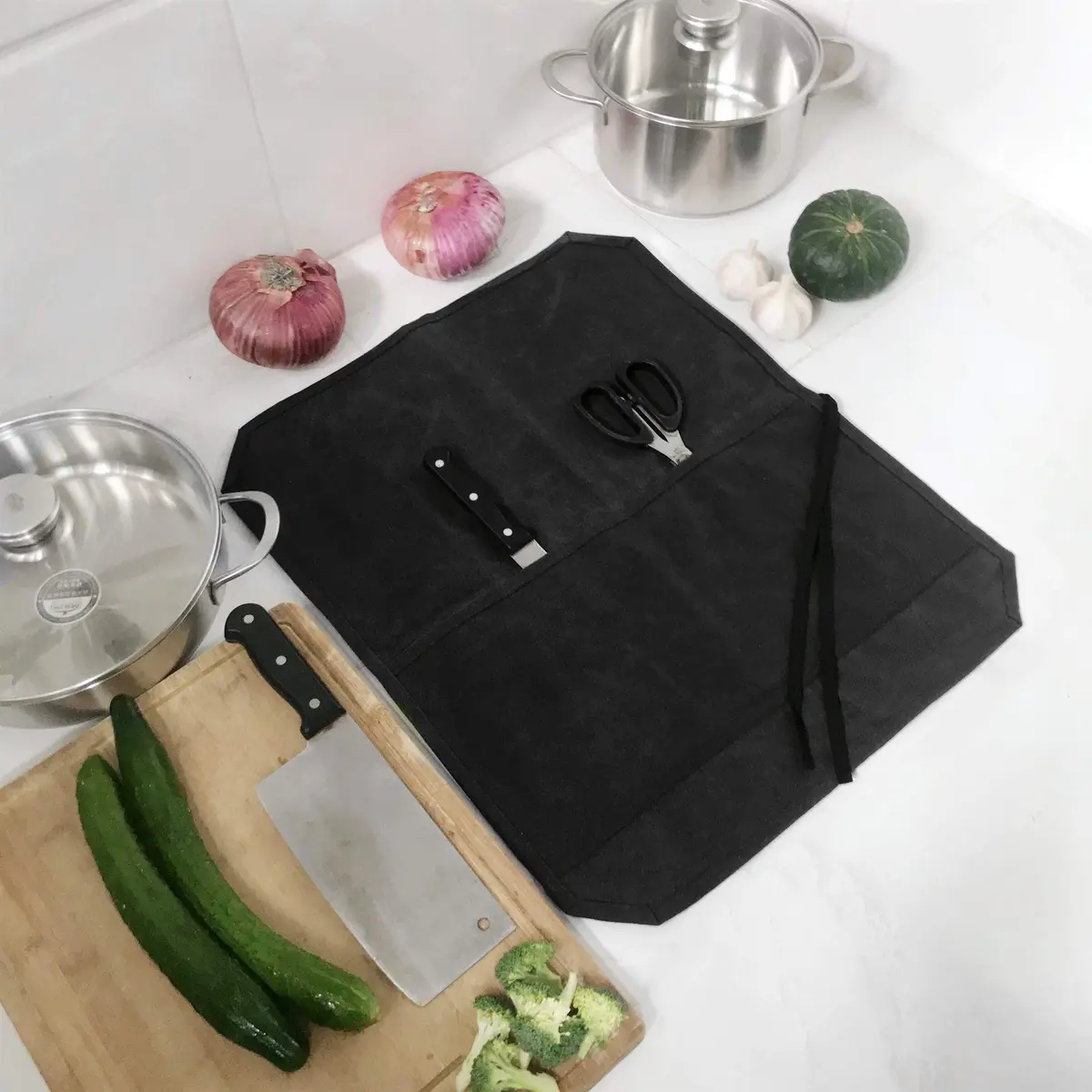 Denifiter Heavy Duty Waxed Canvas Chef Knife Roll Bag with 7 Slots | Holds Knives up to 17" (Black) - view 4
