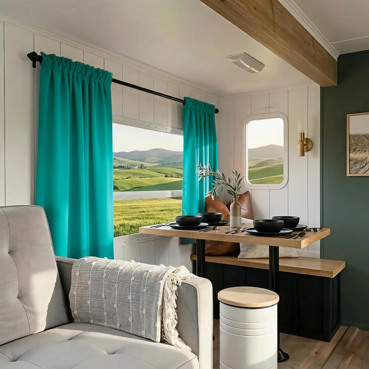 Mrs.Naturall Turquoise Thermal Insulated Blackout Curtains | Short Cafe Tiers for Kitchen & Bedroom - view 2