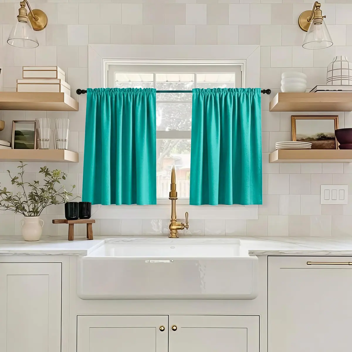 Mrs.Naturall Turquoise Thermal Insulated Blackout Curtains | Short Cafe Tiers for Kitchen & Bedroom - view 3