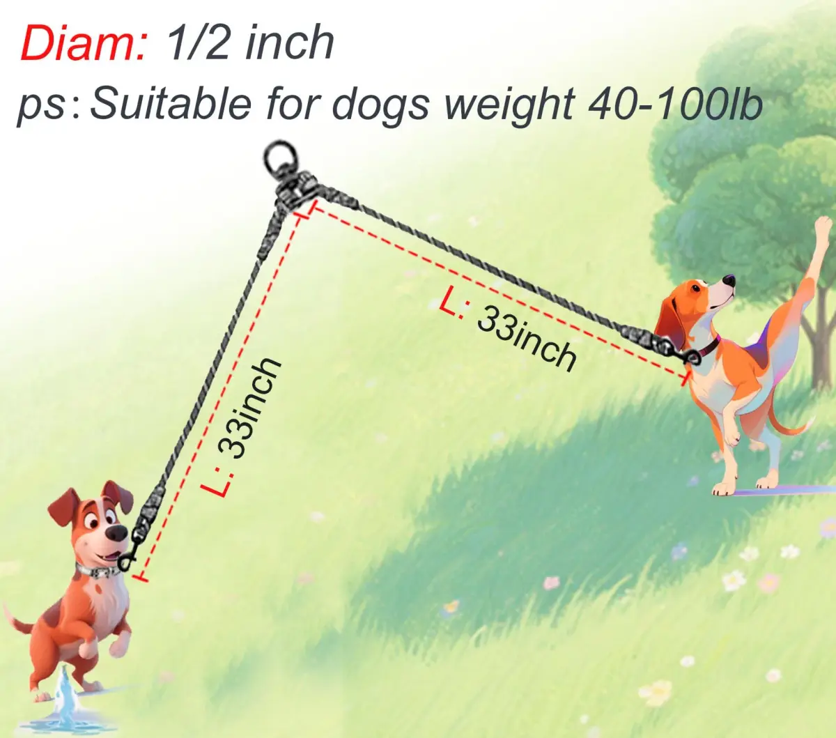 Mycicy Pinkblue Double Dog Leash Coupler 1.27cm (1/2") D x 83.82cm (33") L | Tangle-Free Dual Lead for Large Dogs - view 3