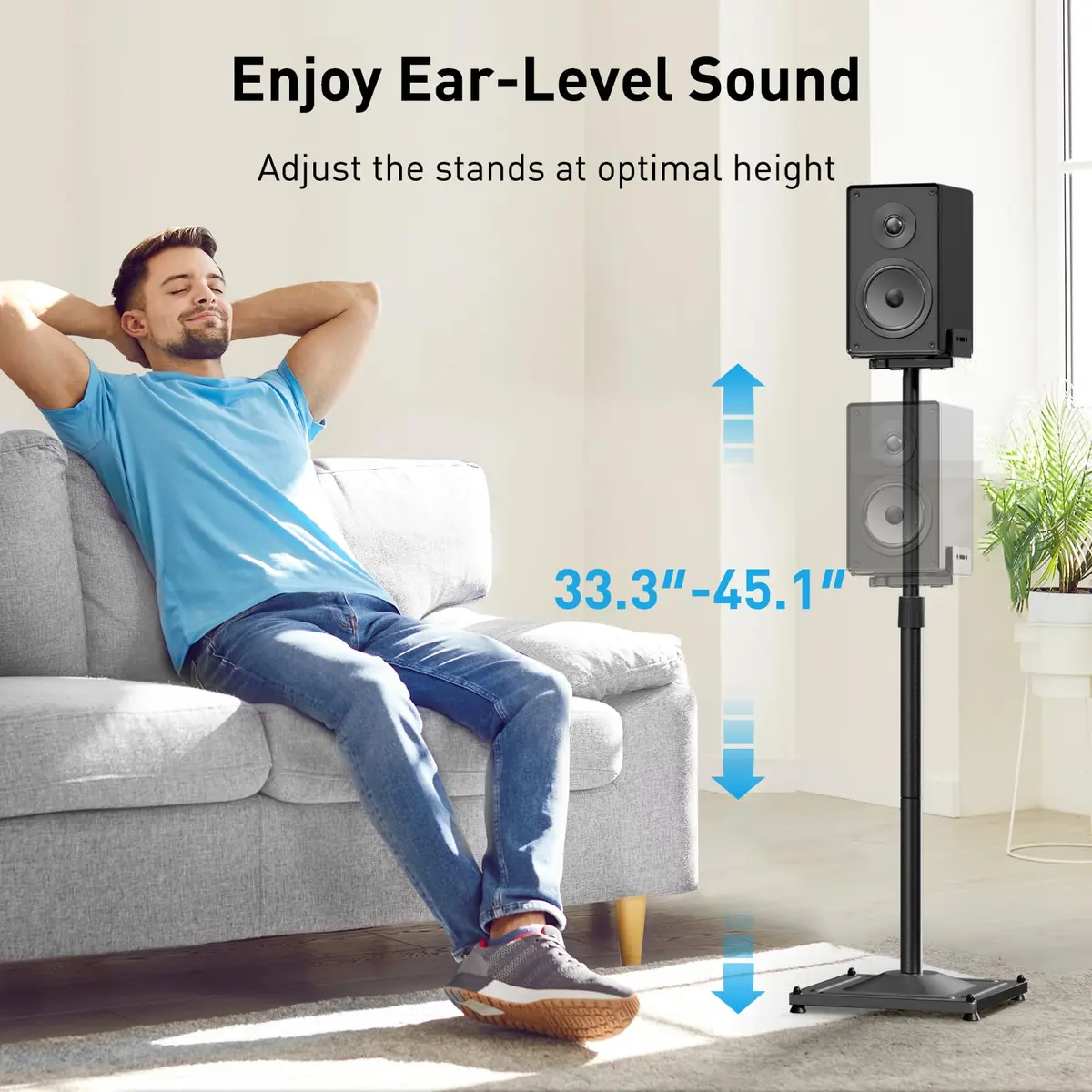 PERLESMITH Universal Speaker Stands for Surround Sound -Height Adjustable Extend 33.3”to 45.1”, Floor Speaker Stand for Satellite & Studio & Bookshelf Speakers up to 11LBS,1 Pair Black, PSSS2 - view 2