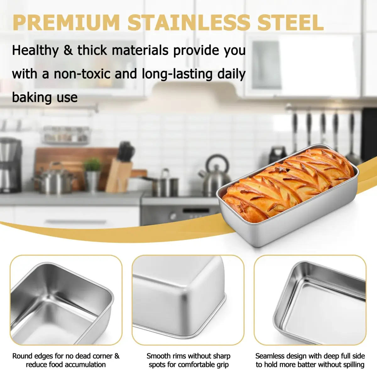 TeamFar Stainless Steel Loaf Pan 23cm x 13cm (9.25" x 5") | Healthy Non-Toxic Baking for Bread & Cakes - view 3