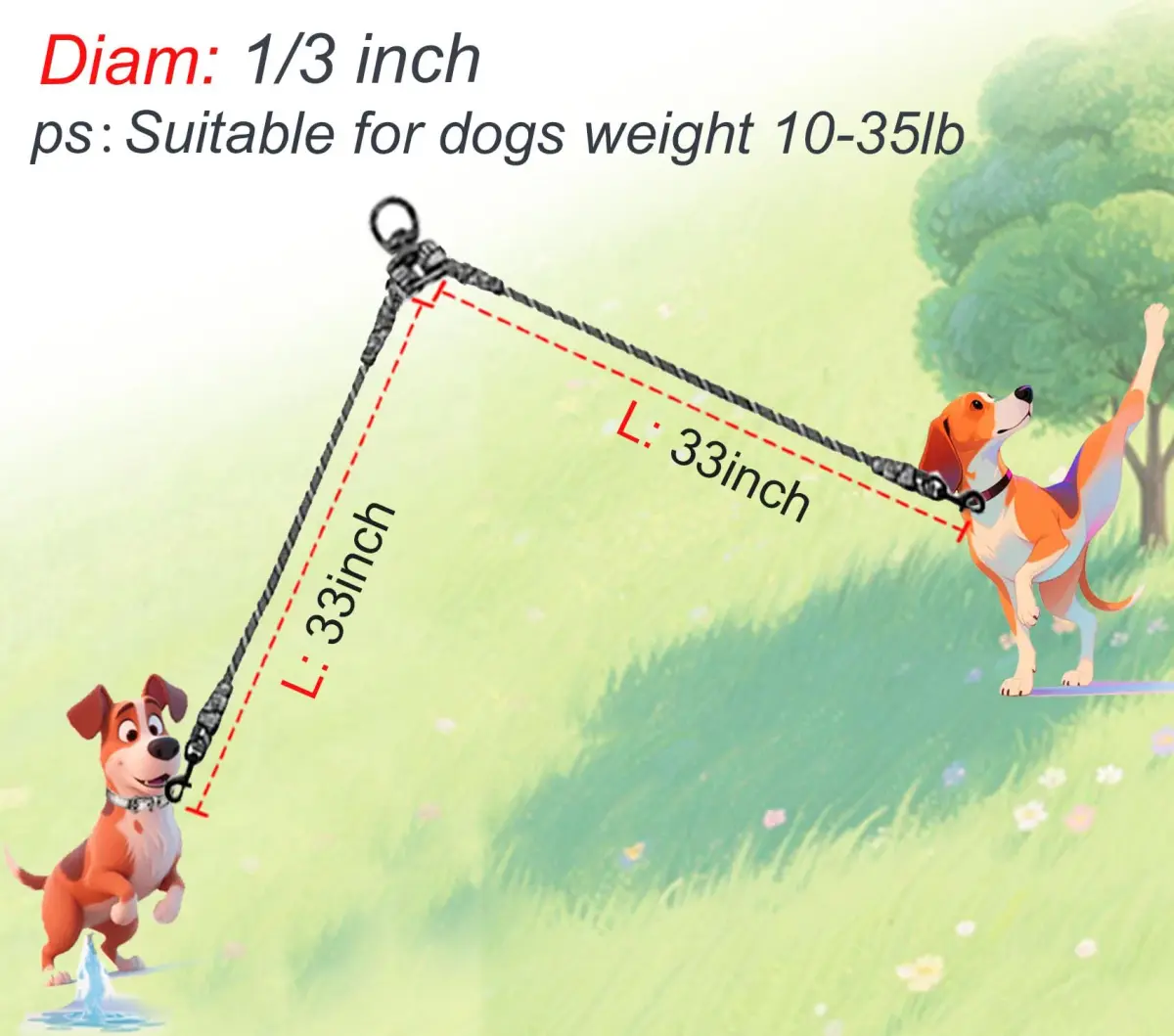 Mycicy Double Dog Leash Coupler 1/3" (0.84cm) x 33" (83.82cm) | Tangle-Free Dual Dog Lead Splitter for Small-Medium Dogs - view 3