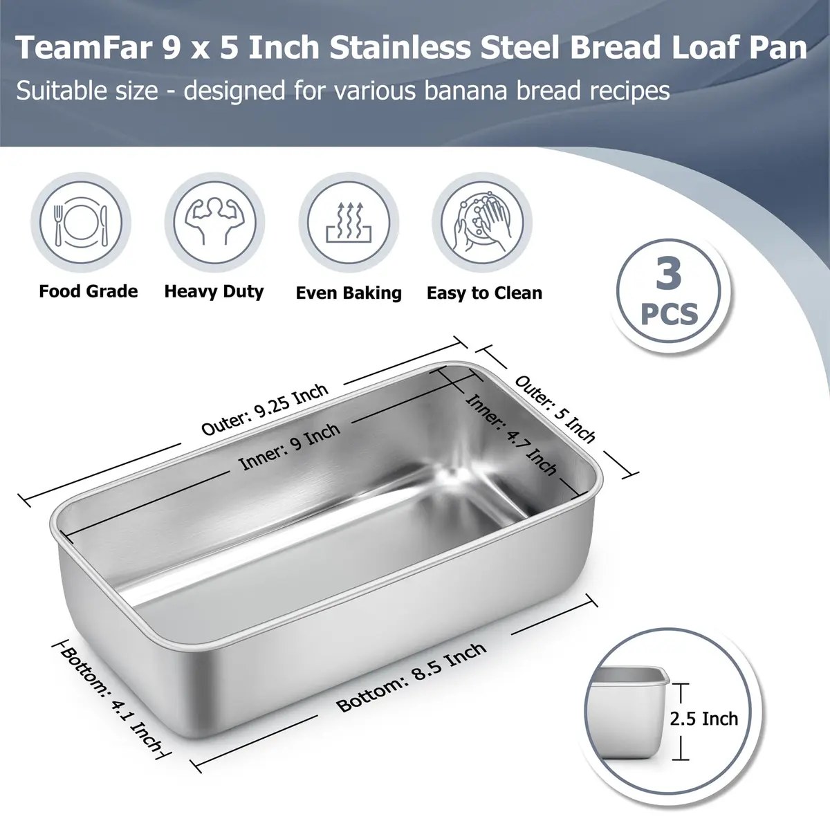 TeamFar Stainless Steel Loaf Pan Set of 3, 9.25 x 5 Inch (23.5 x 12.7 cm) | Healthy Baking for Bread & Meatloaf - view 2