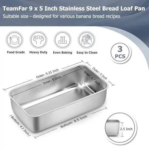 TeamFar Stainless Steel Loaf Pan Set of 3, 9.25 x 5 Inch (23.5 x 12.7 cm) | Healthy Baking for Bread & Meatloaf - view 2