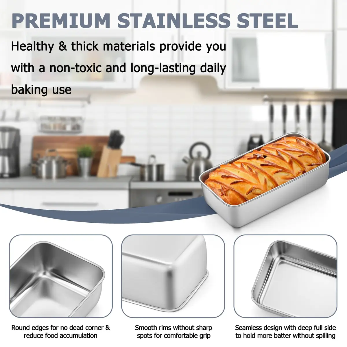 TeamFar Stainless Steel Loaf Pan Set of 3, 9.25 x 5 Inch (23.5 x 12.7 cm) | Healthy Baking for Bread & Meatloaf - view 3