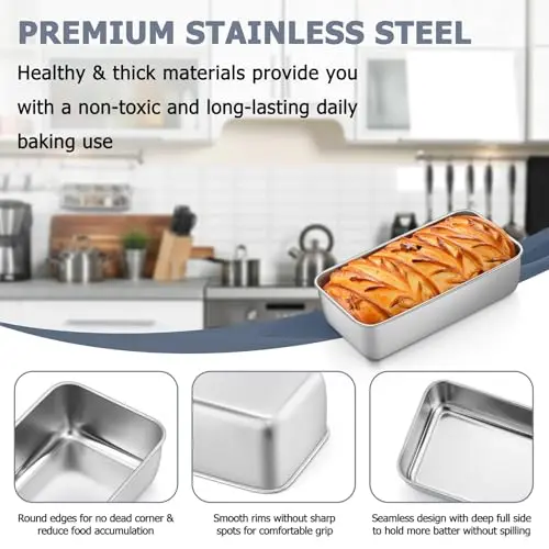 TeamFar Stainless Steel Loaf Pan Set of 3, 9.25 x 5 Inch (23.5 x 12.7 cm) | Healthy Baking for Bread & Meatloaf - view 3