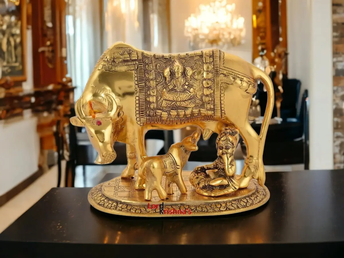 SAUDEEP INDIA Oxidised Metal Kamdhenu Cow and Calf Statue with Bal Gopal | 17.78cm (7 Inch) Traditional Religious Figurine - main product image