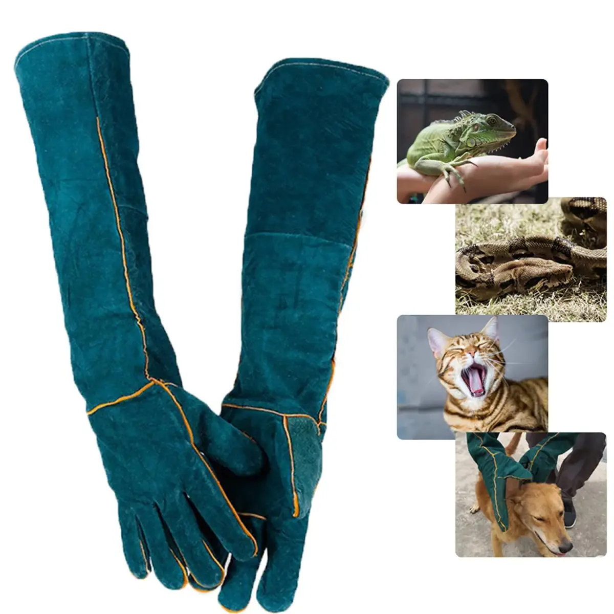 PeSandy Animal Handling Gloves 60cm (23.6 inch) Green | Bite & Scratch Resistant Cowhide - main product image