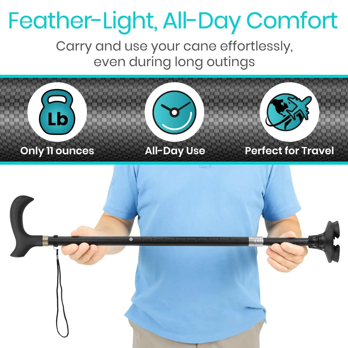 Vive Carbon Fiber Standing Cane - Heavy Duty Walking Stick for Men & Women | Self-Standing, Adjustable, Lightweight - view 4