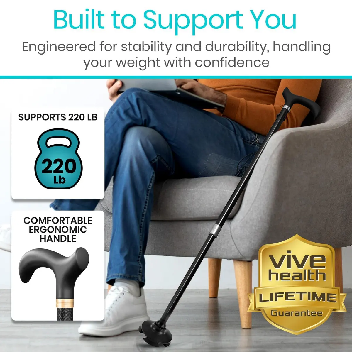 Vive Carbon Fiber Standing Cane - Heavy Duty Walking Stick for Men & Women | Self-Standing, Adjustable, Lightweight - view 7