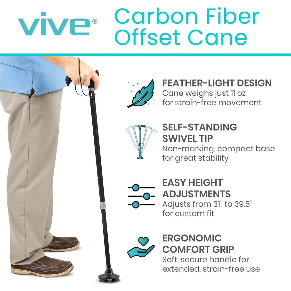 Vive Carbon Fiber Standing Cane - Heavy Duty Walking Stick for Men & Women | Self-Standing, Adjustable, Lightweight - view 2