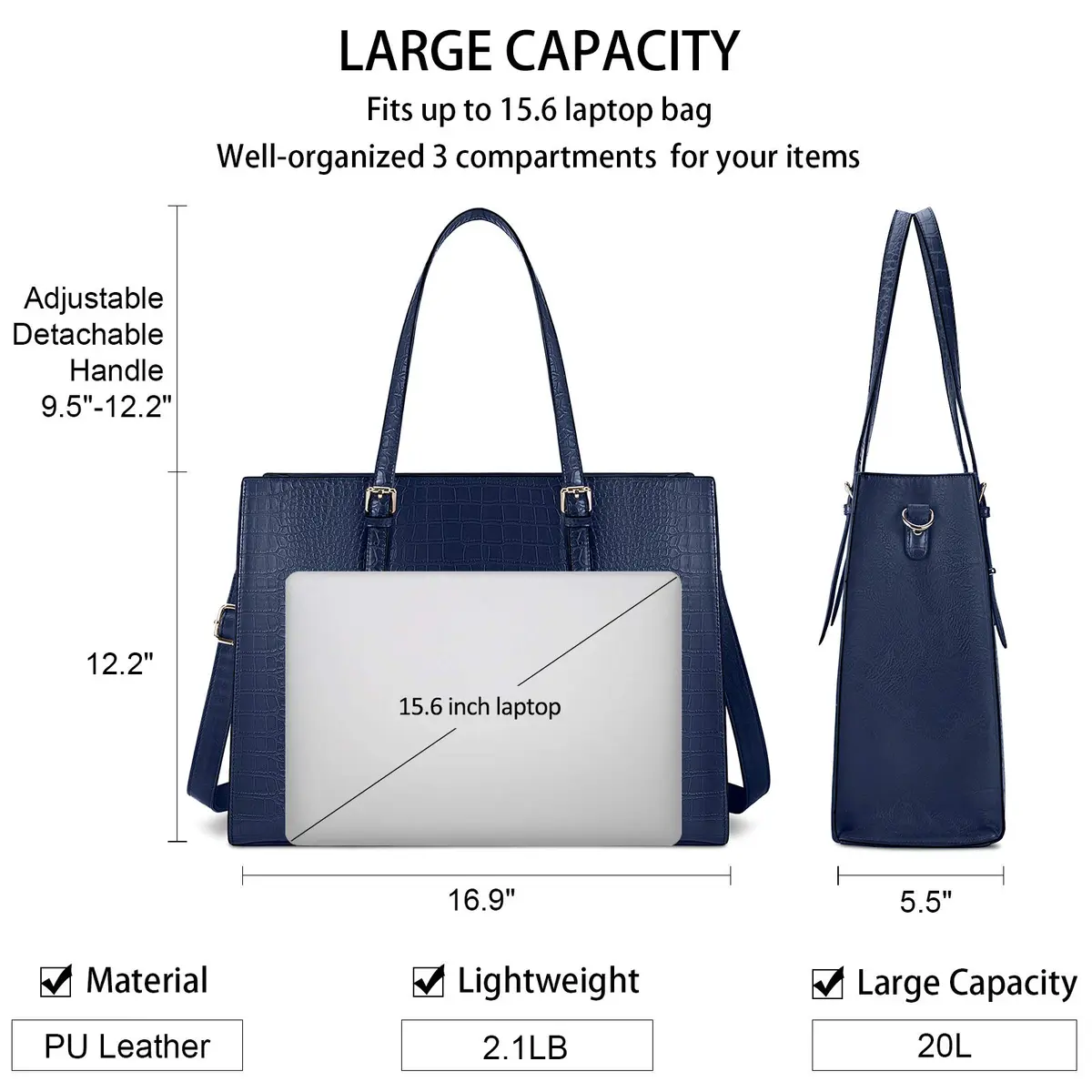 Lubardy Women's 15.6 Inch Laptop Tote Bag | Water-Resistant Crocodile Pattern Leather Briefcase with Padded Compartment - view 5