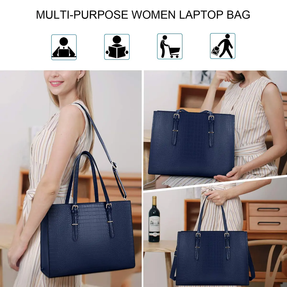 Lubardy Women's 15.6 Inch Laptop Tote Bag | Water-Resistant Crocodile Pattern Leather Briefcase with Padded Compartment - view 2