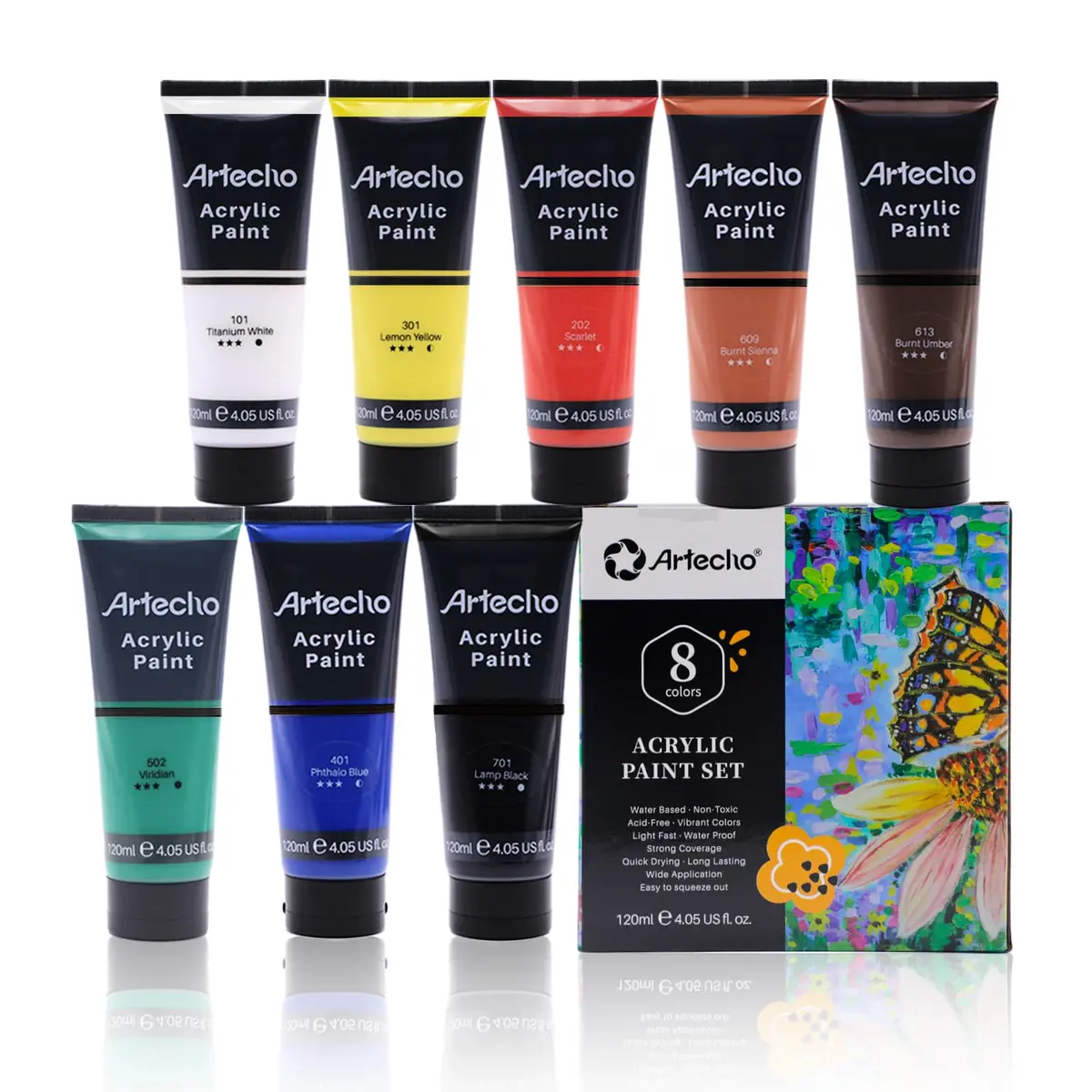 Artecho 8 Colors Acrylic Paint 120ml | Rich, Lightfast, Versatile for Canvas & Crafts - main product image